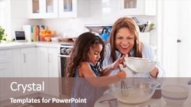  Presentation with grandma - Slide deck consisting of young hispanic girl making cake in the kitchen with her grandma looking down background and a violet colored foreground