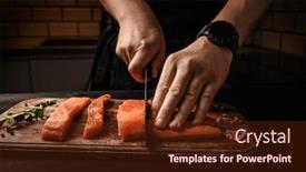  Presentation with salmon fish - Presentation design enhanced with mle-cutting-red-salmon-fish background and a tawny brown colored foreground