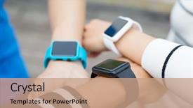  Presentation with big group people - Slide deck with mobile accessories - group of people wearing smartwatch background and a coral colored foreground