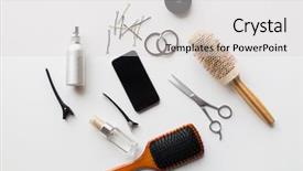  Presentation with hair - Slide set enhanced with mobile accessories - hair tools beauty and hairdressing background and a light gray colored foreground