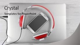  Presentation with headphones - PPT theme having mobile accessories - headphones with laptop on table background and a light gray colored foreground