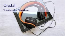  Presentation with headphones - Colorful slide set enhanced with mobile accessories - headphones with tablet on wooden backdrop and a  colored foreground