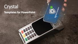  Presentation with terminal - Beautiful slide set featuring mobile app security - hand paying on terminal backdrop and a dark gray colored foreground