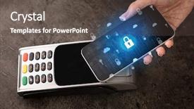  Presentation with pos - Slide set enhanced with mobile app security - hand paying with cellphone background and a dark gray colored foreground