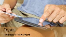  Presentation with online shopping - Beautiful PPT theme featuring mobile app security - young man shopping online backdrop and a gold colored foreground