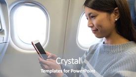  Presentation with testing - PPT theme featuring mobile app testing - woman using cellphone in airplane background and a gray colored foreground