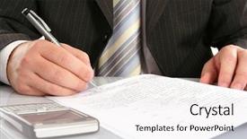  Presentation with writing - Amazing slide deck having mobile application bank - businessman writing on a form backdrop and a  colored foreground