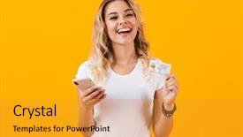  Presentation with car accident cell phone - Presentation theme with mobile application bank - image of attractive woman holding background and a gold colored foreground