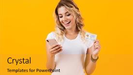  Presentation with mobile application - Cool new slide set with mobile application bank - image of beautiful woman holding backdrop and a gold colored foreground