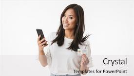  Presentation with hands holding - Slides with mobile application bank - young asian woman wearing casual background and a light gray colored foreground