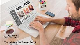  Presentation with smartphone app - PPT theme having mobile application test - creative businessman typing on laptop background and a  colored foreground