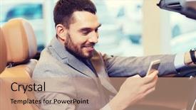  Presentation with sleepy yawning man driving car - Cool new presentation design with mobile application test - happy man sitting in car backdrop and a coral colored foreground