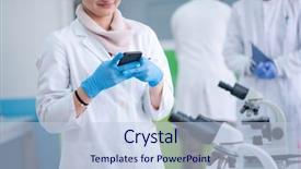  Presentation with laboratory chemical - Amazing PPT layouts having young attractive woman scientist using smartphone in the scientific chemical laboratory backdrop and a light blue colored foreground