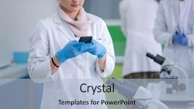  Presentation with laboratory chemical - Beautiful PPT layouts featuring mobile application test - young attractive woman scientist using backdrop and a light blue colored foreground