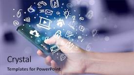  Presentation with media tv - Amazing PPT theme having mobile applicetion cloud - hand holding smartphone with media backdrop and a light blue colored foreground