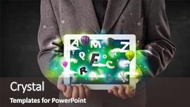  Presentation with tablets wood table tablet white - Amazing PPT layouts having mobile applicetion cloud - young person showing white tablet backdrop and a dark gray colored foreground