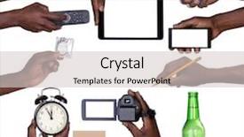  Presentation with mobile banking - Presentation theme featuring mobile banking - hand holding various objects isolated background and a light gray colored foreground