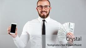  Presentation with celling fan - Presentation design enhanced with mobile banking - photo of successful man 30s background and a light gray colored foreground