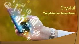  Presentation with mobile banking - PPT theme featuring mobile banking - smartphone with finance and market background and a tawny brown colored foreground