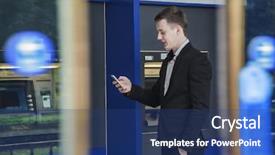  Presentation with atm - Colorful slide deck enhanced with mobile banking - smiling young businessman standing backdrop and a ocean colored foreground