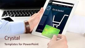  Presentation with earn money for shopping online - Slide deck enhanced with mobile banking application - man shopping online with digital background and a  colored foreground