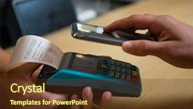  Presentation with contactless - PPT layouts having mobile bill - cropped hand of customer making background and a tawny brown colored foreground