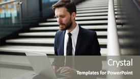  Presentation with stairs - Cool new presentation design with mobile businessman sitting on stairs backdrop and a gray colored foreground
