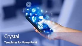  Presentation with man holding phone - Colorful presentation design enhanced with mobile cloud computing - business man holding smart phone backdrop and a teal colored foreground