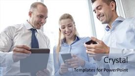  Presentation with mobile payment app business technology - Cool new slides with mobile communications - business teamwork people and technology backdrop and a light blue colored foreground