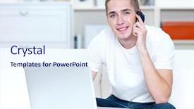  Presentation with mobile home - Amazing slide deck having mobile computer - happy young man speaks backdrop and a  colored foreground