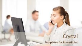  Presentation with smartphone - PPT theme enhanced with mobile computer - picture of smiling businesswoman background and a lemonade colored foreground