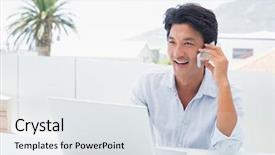  Presentation with young man holdng laptop on lap money - Beautiful PPT theme featuring mobile computer - smiling man using his laptop backdrop and a sky blue colored foreground