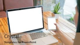  Presentation with laptop blank screen - Theme consisting of mobile computer - woman hand hold smart phone background and a coral colored foreground