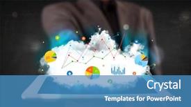  Presentation with cloud technology - Cool new PPT theme with mobile comunication data server - person holding a white touchpad backdrop and a teal colored foreground