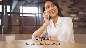  Presentation with towers for cell phones - Beautiful theme featuring mobile connect - casual businesswoman using her phones backdrop and a  colored foreground