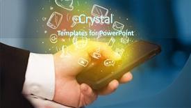  Presentation with trophy award hand holding - Slide set having mobile connect - hand holding smartphone with glowing background and a ocean colored foreground