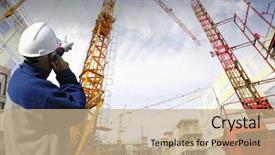  Presentation with building construction - Cool new presentation theme with mobile crane - construction worker talking in phone backdrop and a coral colored foreground