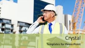  Presentation with crane - Theme consisting of mobile crane - engineer builder at construction site background and a mint green colored foreground