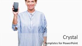  Presentation with teeth - Beautiful presentation theme featuring mobile dental - atrractive senior caucasian redhead woman backdrop and a  colored foreground