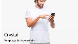  Presentation with odontology teeth mode - Colorful slide set enhanced with mobile dental - handsome hispanic man model sending backdrop and a  colored foreground