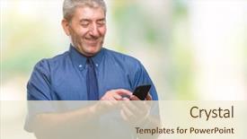  Presentation with happy sad face man - Presentation theme having mobile dental - handsome senior man texting sending background and a  colored foreground