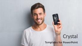  Presentation with broken wall - Presentation having mobile dental - handsome young man over grey background and a light gray colored foreground