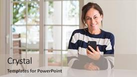  Presentation with middle ages - Slide deck consisting of mobile dental - middle aged woman using smartphone background and a mint green colored foreground