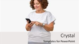  Presentation with middle ages - Cool new presentation theme with mobile dental - middle ager senior woman using backdrop and a light gray colored foreground