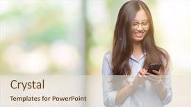  Presentation with asian literature - Colorful slides enhanced with mobile dental - young asian woman texting using backdrop and a  colored foreground