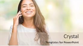  Presentation with beautiful young woman getting face - Beautiful PPT theme featuring mobile dental - young beautiful arab woman talking backdrop and a soft green colored foreground