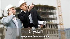  Presentation with foreman - Colorful theme enhanced with mobile development - photo of serious employee pointing backdrop and a  colored foreground