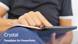  Presentation with online shopping - PPT theme with mobile device security - young man shopping online background and a ocean colored foreground