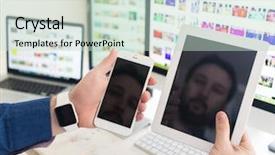  Presentation with smart watch red - Slides featuring mobile devices - using smart watch smartphone tablet background and a soft green colored foreground