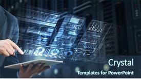  Presentation with virtual - Cool new PPT layouts with mobile digital technology - businessman using tablet over virtual backdrop and a  colored foreground